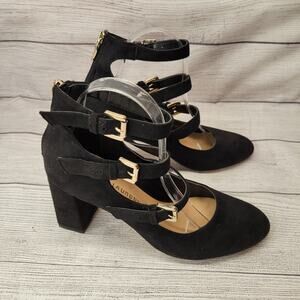 Chinese Laundry Black Suede Three Strap Mary Jane Pumps, 8.5